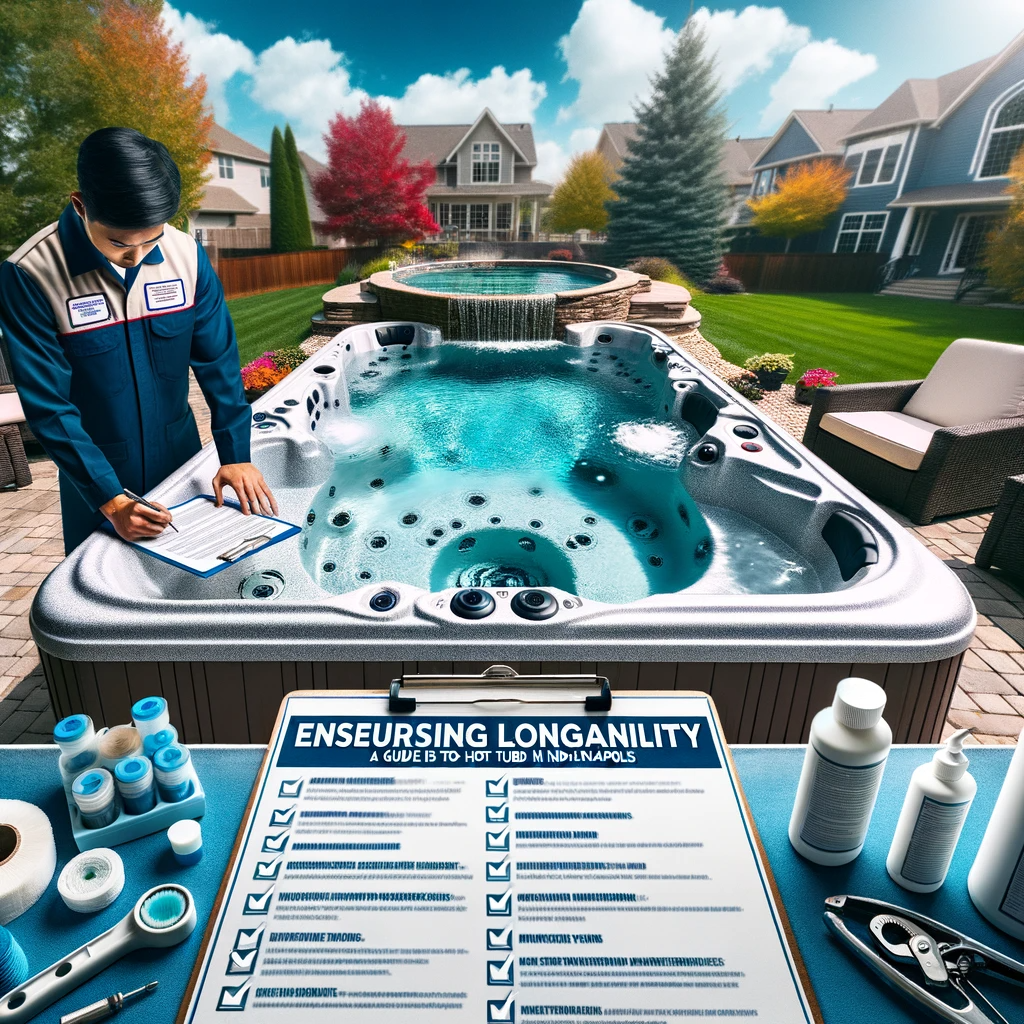 Hot tub technician of Asian descent in Indianapolis checking the filtration system, with maintenance tools on a table and a clear reflection of the sky in the water.